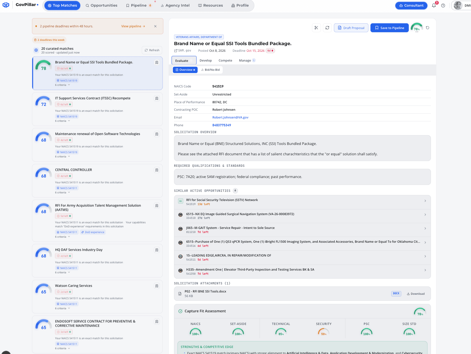 GovPillar Top Matches tab showing AI match scores and the opportunity detail panel with Capture Fit Assessment